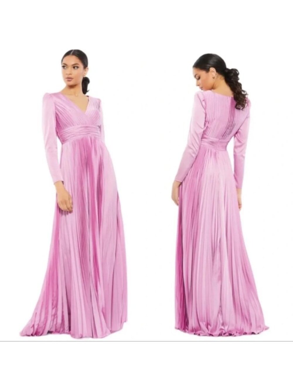 Leena x Mac Duggal Plisse Pleated Long Sleeve V-Neck Satin Dress Size 2